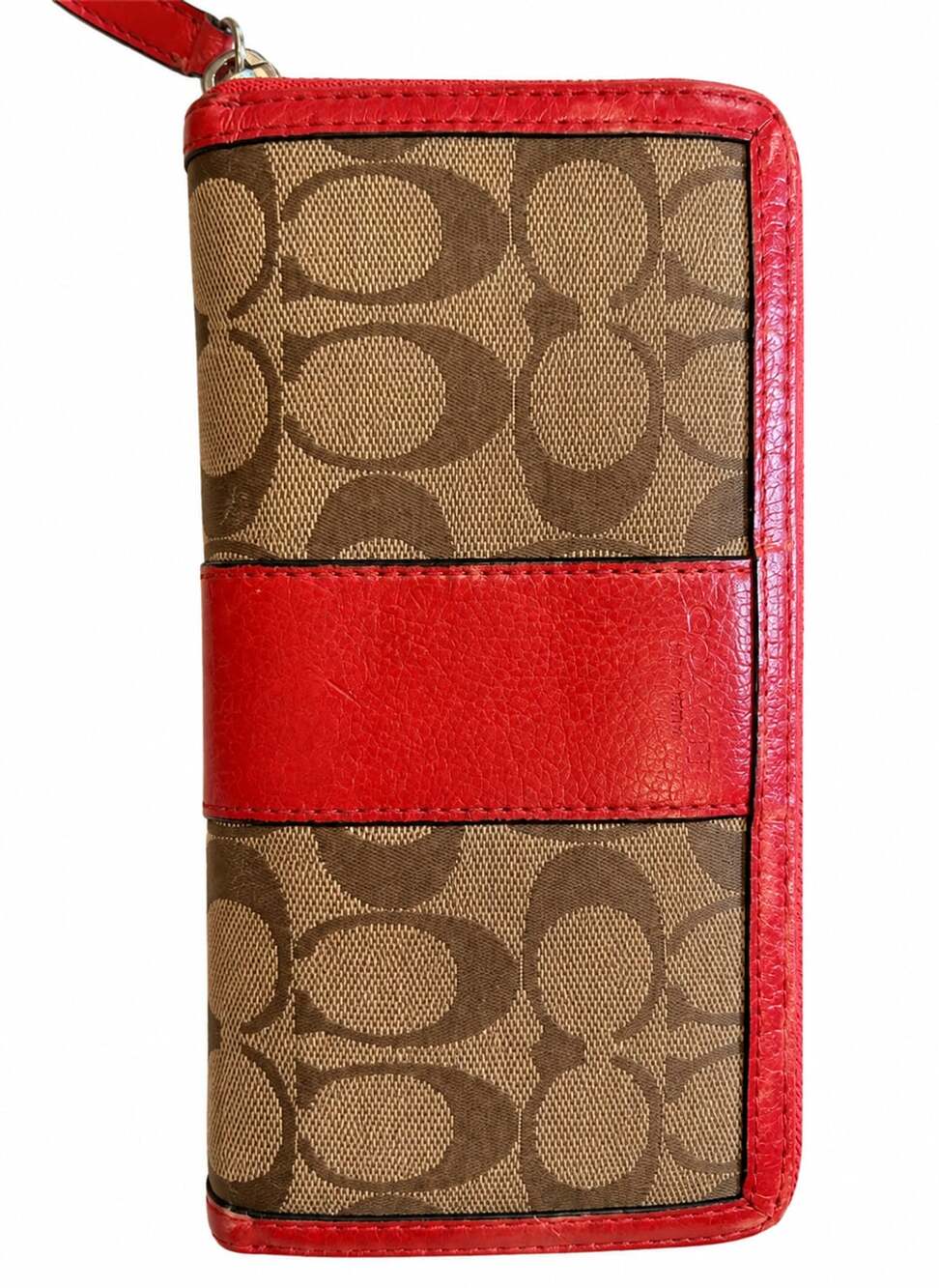 Coach Signature Khaki Vermillion Red Leather Accordion Zip Around Wallet F51770
